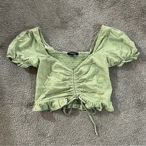 ambiance Small Green Gathered Floral Crop Top Smocking Back